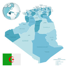 Algeria administrative blue-green map with country flag and location on a globe.