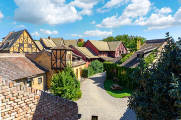 Bikal, Hungary - 21.08.2020: Beautiful rebuilt medieva historical museum village fun adventure park