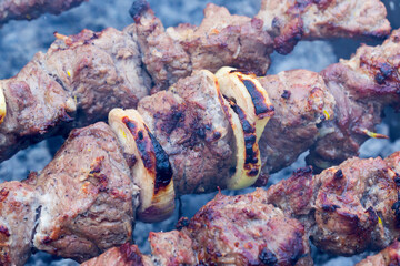 Grilled kebab cooking on metal skewer. Roasted meat cooked at barbecue. BBQ fresh beef meat chop...