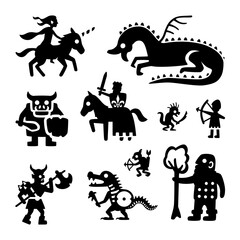 Vector set of medieval fantasy character icon silhouettes. Includes an elf riding a unicorn, a dragon, an ogre with a mace, a king on a horse, a crocodile, an archer, a goblin archer, an orc chieftain