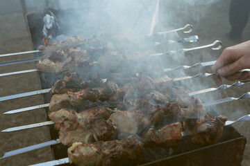 Grilled kebab cooking on metal skewer. Roasted meat cooked at barbecue. BBQ fresh beef meat chop slices. Traditional eastern dish, shish kebab. Grill on charcoal and flame, picnic, street food