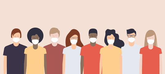 Various young people wearing medical protective masks are fighting the virus. Vector illustration quarantine.