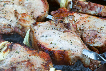 Grilled kebab cooking on metal skewer. Roasted meat cooked at barbecue. BBQ fresh beef meat chop slices. Traditional eastern dish, shish kebab. Grill on charcoal and flame, picnic, street food