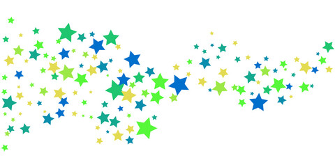 Shooting stars confetti. Blue, green, yellow, shades of blue, green stars. Festive background. Abstract texture on a white background. Design element. Vector illustration, eps 10.