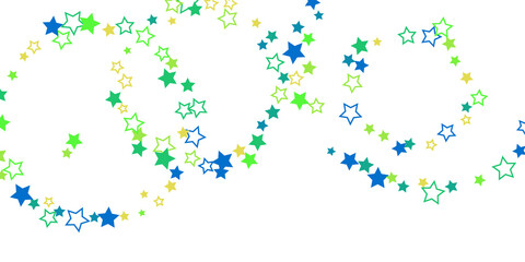 Shooting stars confetti. Blue, green, yellow, shades of blue, green stars. Festive background. Abstract texture on a white background. Design element. Vector illustration, eps 10.