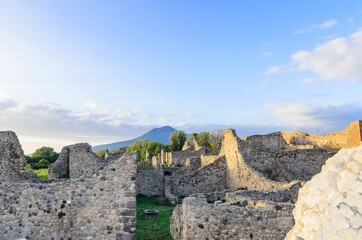 The ruins of Pompeii, streets, walls, courtyards. Largely preserved under the volcanic ash and...