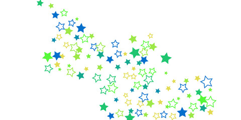Shooting stars confetti. Blue, green, yellow, shades of blue, green stars. Festive background. Abstract texture on a white background. Design element. Vector illustration, eps 10.