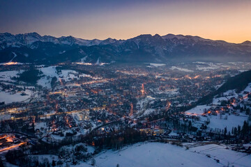 Stunning illuminated Zakopane in winter, Tatra mountains