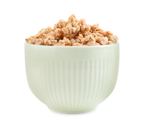 Tasty crispy granola in bowl isolated on white