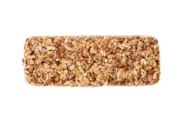 Crunchy granola bar on white background, top view. Healthy snack