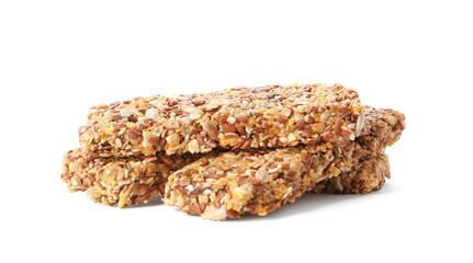 Crunchy granola bars on white background. Healthy snack