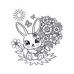 Cute, little rabbit with a bouquet of flowers. Black and white. Vector illustration