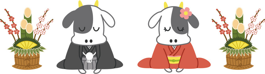 門松の前でお辞儀をする着物姿の牛夫婦