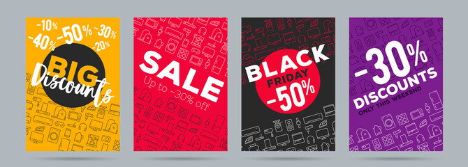 Set of promo posters for electronics shop, black friday sale with discounts on home, kitchen and smart electronics and gadjets with discount