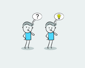 Vector illustration of man with thought bubbles, man with question mark and idea bulb in thought bubble, cartoon stickfigure concept.