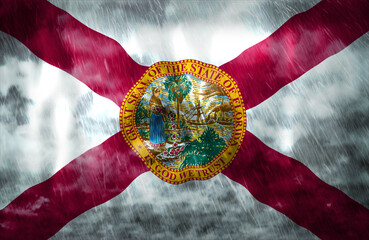 Composite of Flag of State of Florida, USA and rain clouds. Symbolizing heavy rains, storms,...