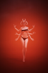 Devil Multi Arm Woman In a Black Bikini Standing Red Orange Background 3d Illustration 