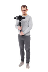 full length portrait of professional videographer holding dslr camera on 3-axis gimbal isolated on white