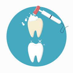 Tooth whitening with a brush, before and after. Vector illustration. Flat drawing style.