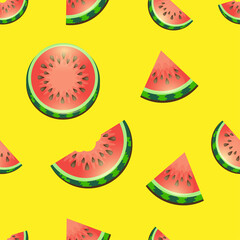 Seamless pattern with pieces of watermelon on yellow background. Endless pattern. Vector illustration.