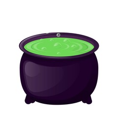 Black witches cauldron with potion. Vector illustration.