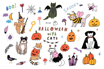 Halloween with cats hand drawn doodle vector illustrations set