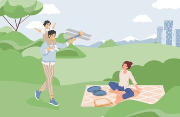 Happy family spending time together at summer picnic vector flat illustration. Smiling young mother father and child playing outdoor in the park near the city. Family weekend, summer holidays concept.