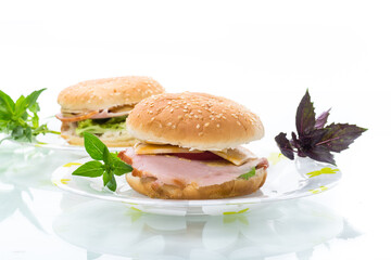 morning sandwich with bacon, cheese and herbs