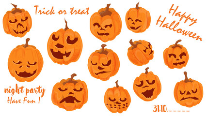 Vector set of illustrations for decoration design all saints eve Halloween Pumpkin holiday with emotions flat style