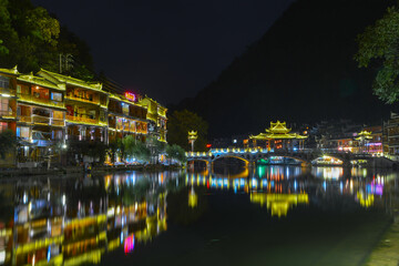 Fenghuang Ancient City Summer Night Scenery, Xiangxi, Hunan, China