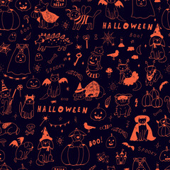Halloween cats hand drawn doodle seamless vector pattern