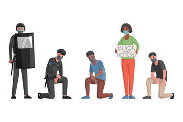 Men and police officers taking a knee in front of each other vector flat illustration. People demonstrating, woman holding banner with Black lives matter words. Stop racism concept.