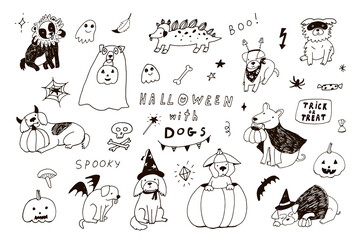 Fototapeta premium Halloween with dogs line hand drawn doodle vector illustrations set