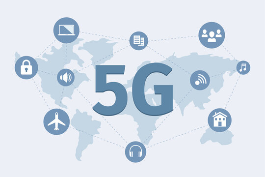 5G network wireless technology spreading over the world vector flat banner concept. High speed 5G technology for people, aviation, sharing document and multimedia, smart city poster design.