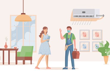 Young repair specialist installs or repairs air conditioner for young woman vector flat illustration. Cooling system repair service concept. Living room interior with home climate control.