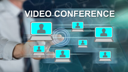 Man touching a video conference concept