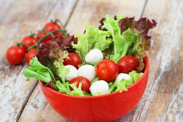 Bowl with healthy mozzarella and cherry tomato salad on rustic wooden surface
