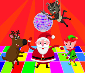 cute cartoon style illustration christmas characters partying while krampus is trying to sabotage the party by cutting the disco ball above