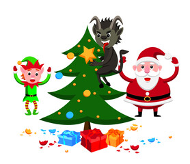 cartoon style illustration of krampus destroying a christmas tree