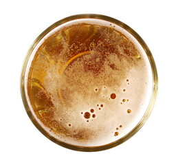 Glass of beer with bubble isolated on white, top view