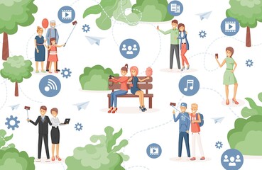 Happy people in city park using wireless internet technology to listen to music, watch videos, sharing files to each other vector flat illustration. Smart city, high speed connection concept.