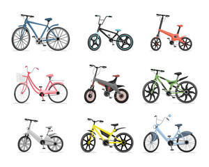 Set of different bicycles. Blue, red, pink, green, grey, and yellow bikes isolated on white background. Modern eco friendly personal city transport, transportation gadget, active lifestyle concept.