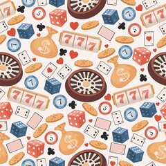 Gambling games vector seamless pattern. Roulette, golden coins, bags with money, poker chips, and playing cards flat illustration. Casino, jackpot, playing with fortune backdrop concept.