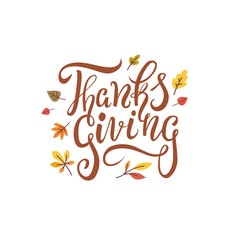 Thanksgiving holiday greeting card design with beautiful handwritten lettering and autumn leaves on white background. - Vector