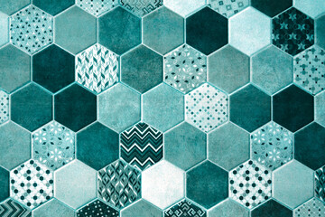 Blue tone hexagonal mosaic tiles for texture background.