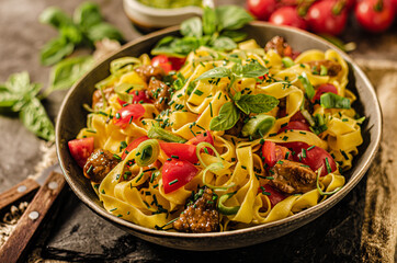 Chinese noodles with pork meat and herbs