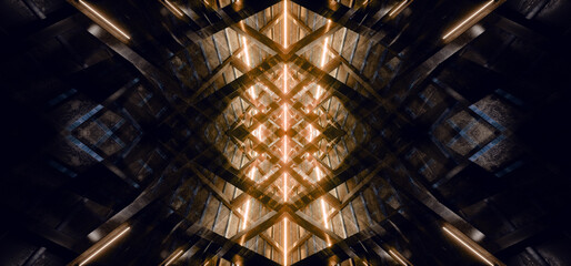 Neon Lights Glowing Triangle Structure Roof Hangar Sci Fi Futuristic Warehouse Tunnel Corridor Alien Spaceship Vibrant Laser Beams Dark Background 3D Rendering