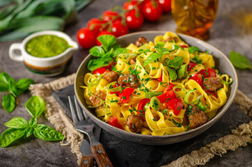 Chinese noodles with pork meat and herbs