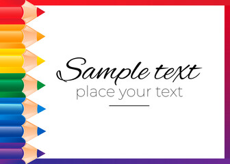 Colored pencils frame illustration. Crayons collection isolated on white background. Colorful rainbow pencils border.