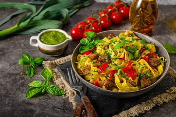 Chinese noodles with pork meat and herbs